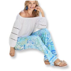 NWT Lilly Pulitzer Bal Harbour Mid-Rise Palazzo in Whisper Blue Beach Happy